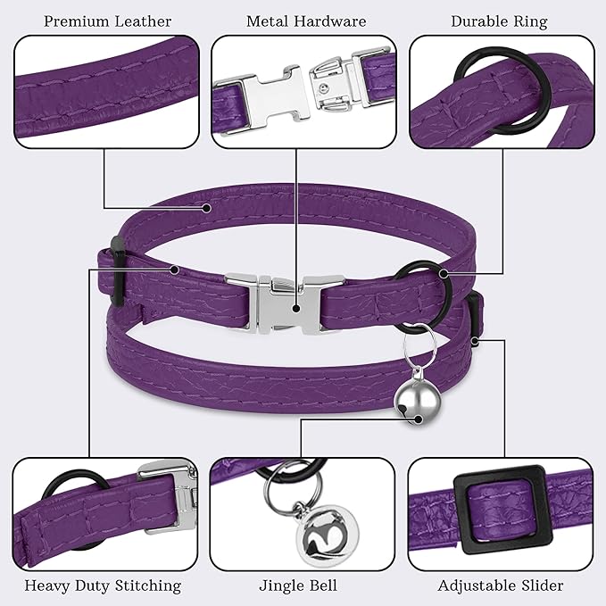 Leather Cat Collar with Buckle and Removable Bell - Non Breakaway Adjustable Soft Safety Small Pet Collars for Girl Boy Cats Kitten (Purple)
