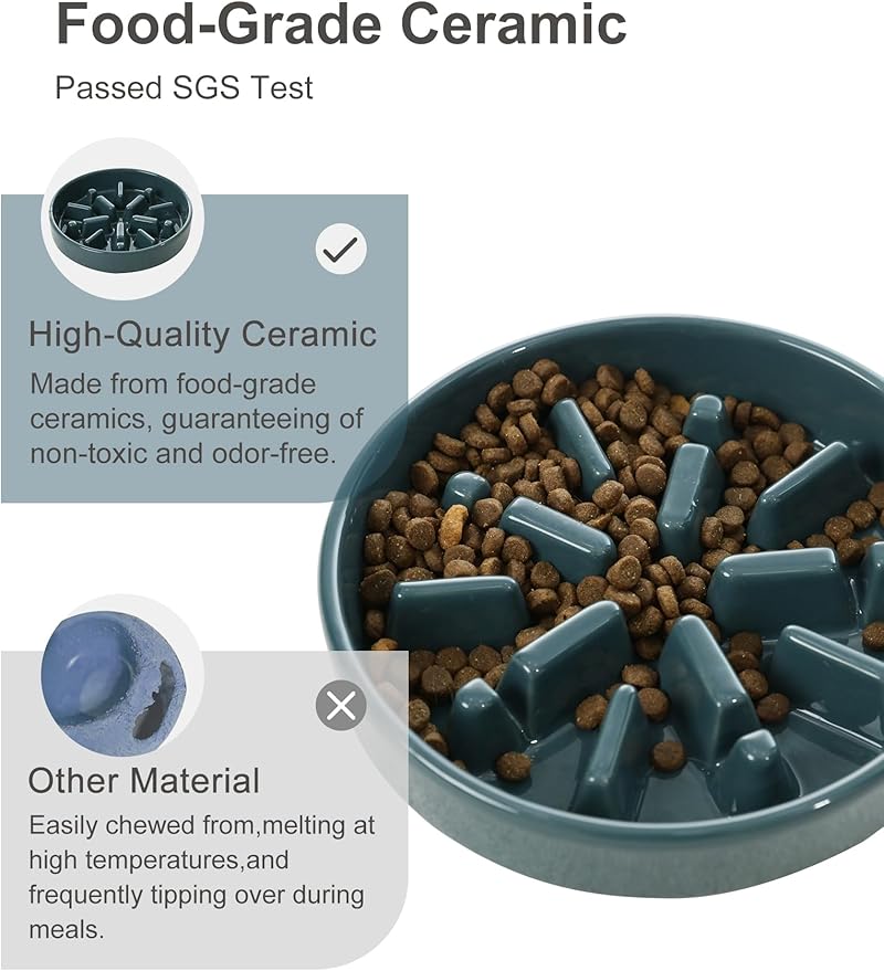 Ceramic Maze Dog Slow Feeder with Non-Slip Silicone Rim (& Bamboo Stand) – Heavy-Duty Stoneware Bowl with Puzzle Pattern for Bloating & Obesity Prevention (Raised-Blue-S)