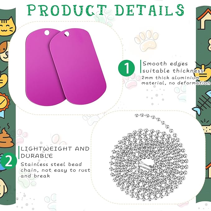 Yinkin 200 Pcs Personalized Military Dog Tags Set Including 100 Pcs Aluminum Blank Dog Tags for Engraving 100 Ball Steel Chain Rectangle Metal Blank Stamping Label for DIY Craft(Purple)