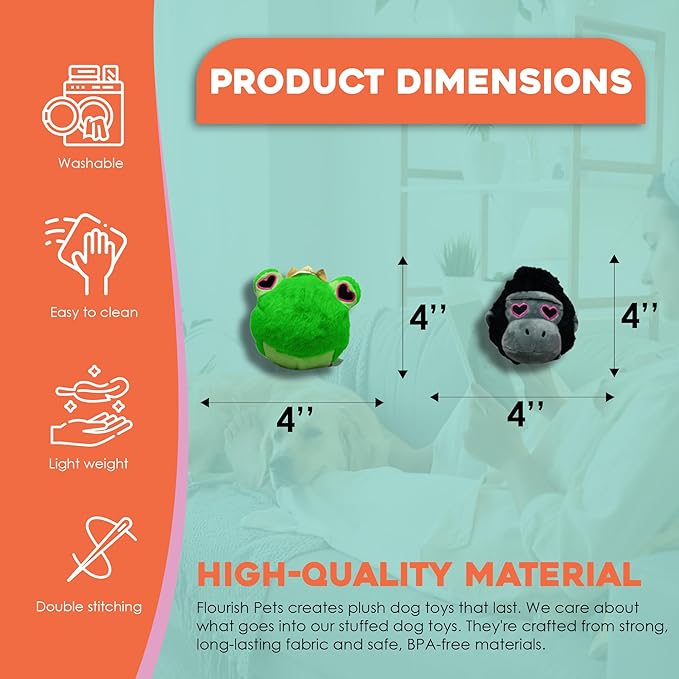 Flourish Pets 2 in 1 Multi-Layer Chew Toy for Active Dogs | Non-Toxic BPA Free Double Stitched Soft Fabric Exterior Dog Toys | Long-Lasting Dog Plush Toys – Love Frog/Love Gorilla 3.5"