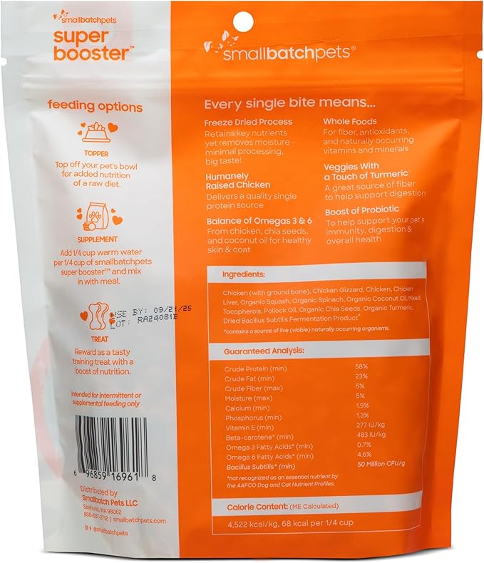 Smallbatch Freeze Dried Dog Treats, Superfood Food Topper Chicken Bites for Dogs & Cats, Probiotics, Organic Ingredients, High Protein, Grain Free Healthy Treat Food Topper, Made in the USA, 18 oz Bag