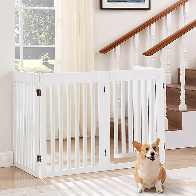 Wooden Freestanding Pet Gate, Pet Gate for Dogs, 29.5inch 4-Panel Wooden Dog Fence with 2 Support, Feet Folding Dog Gate for Indoor, Doorway, Stairs, Kitchen, 81.5“L×30”H (White)