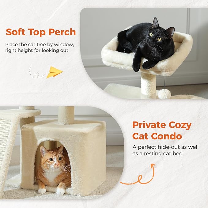 PETEPELA Small Cat Tree for Indoor Cats, 32'' Cute Cat Tower Cat Condo with Sisal Scratching Ramp, Cozy Hammock and Removable Top Bed Perch for Kittens, Beige