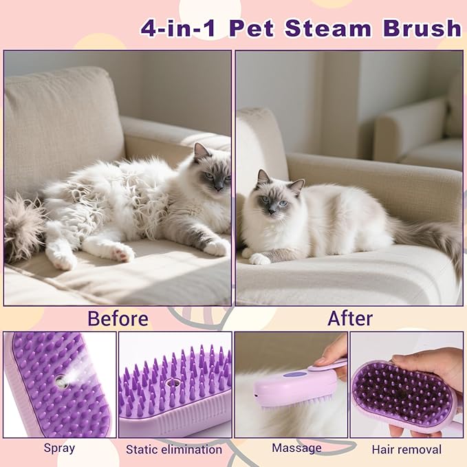 4-in-1 Pet Steam Brush for Dogs & Cats - Anti-Static Deshedding Grooming Tool with Massage & Cleaning for Long/Short Hair | Micro-B Rechargeable (Purple)