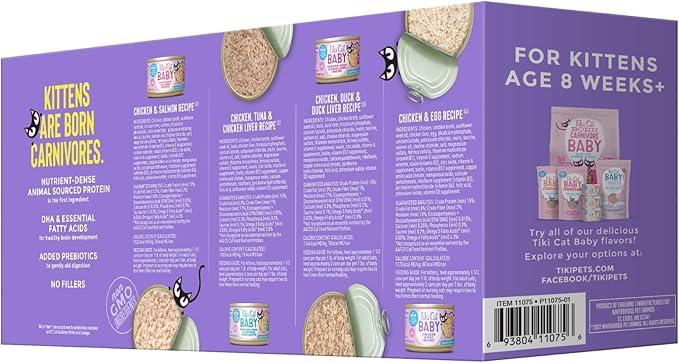 Tiki Cat Baby, Shreds Variety Pack, High-Protein and Flavorful, Wet Cat Food for Kittens 8 Weeks Plus, 2.4 oz. Cans (Pack of 12)