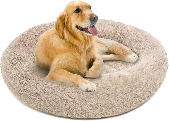 Friends Forever Donut Dog Bed Faux Fur Fluffy Calming Sofa For Large Dogs, Soft & Plush Anti Anxiety Pet Couch For Dogs, Machine Washable Coco Pet Bed with Non-Slip Bottom, 36"x36"x8" Tan