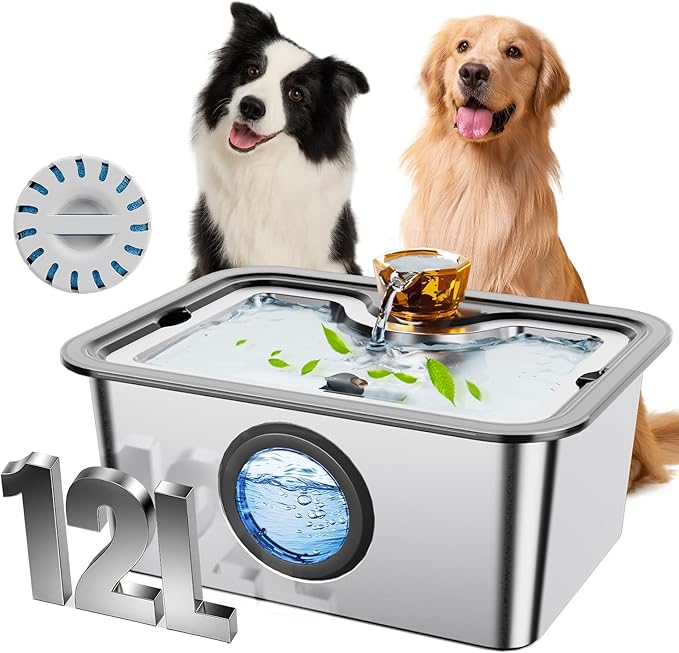 12L/3gal Stainless Steel Large Dog Water Fountain for Large Dog, Electric Pet Water Dispenser with Water Level Window&LED, Cat and Dog Fountain Water Bowl for Multi-Pet Home,Super Quiet