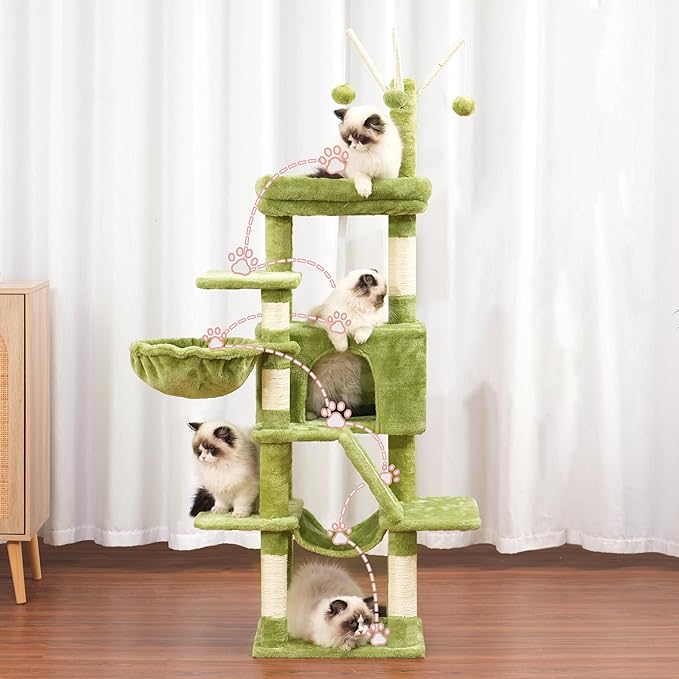 Cat Tree, 63 inch Multi-Level Cat Tower for Indoor Cats, Cat Condo with Cat Scratching Post and Board, Cat Hammock, Green GCT011GR