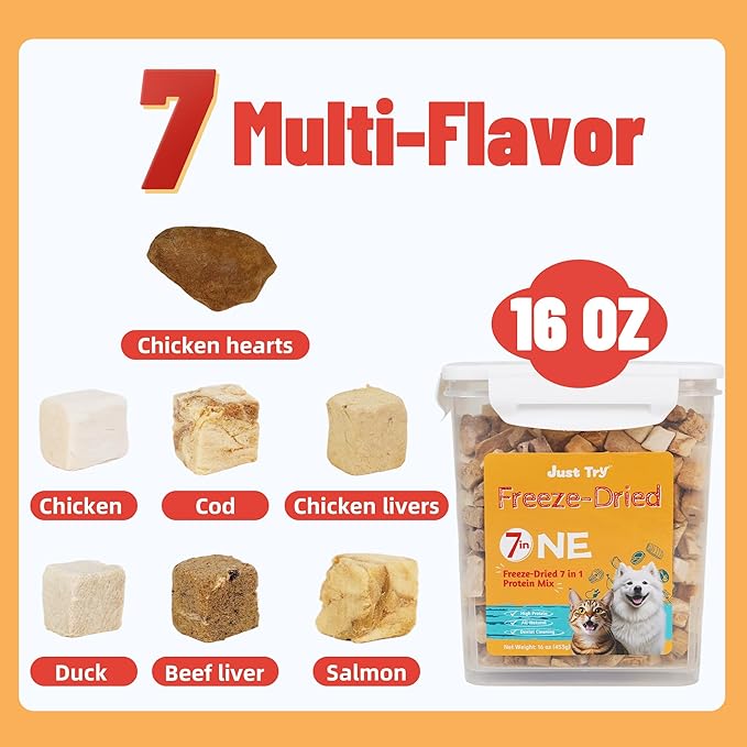 Just Try 16OZ Freeze-Dried Dog Teats Mix for Dogs & Cats - Chicken, Duck, Salmon, Cod, Liver & Heart - Grain-Free, Training & Treats