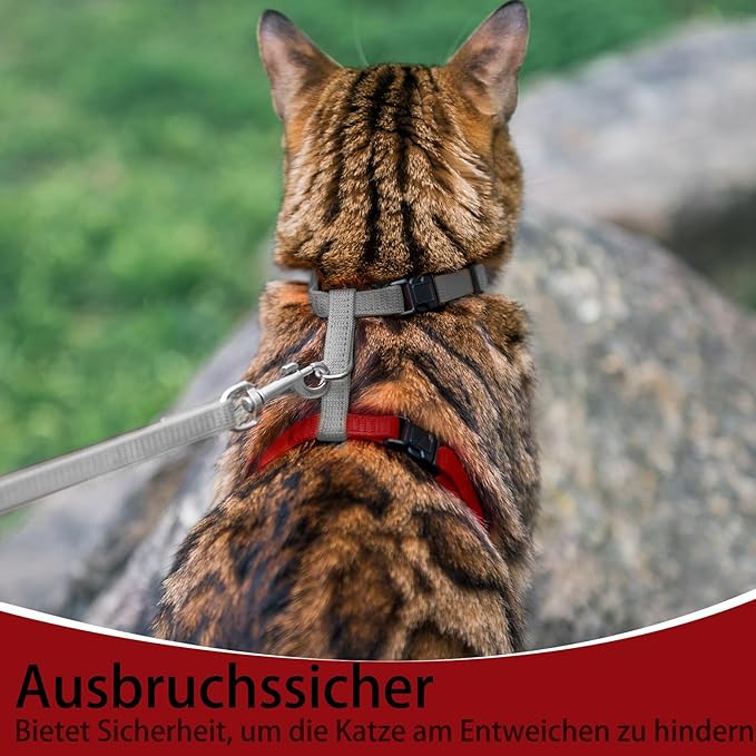 PUPTECK Adjustable Cat Harness and Leash Set Escape Proof Kitten Strap Collar for Walking Travel, Grey/Red Mixed