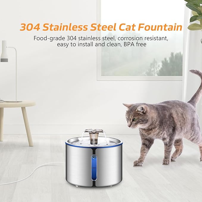 Cat Fountain, 84oz/2.5L Stainless Steel Pet Water Fountain, Automatic Dog Water Dispenser, Water Level Window, Ultra-Quiet Pump, Perfect for Cats, Dogs and Multiple Pets, 4 Filters
