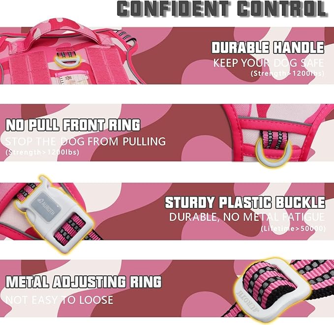 Auroth Tactical Pet Harness for Small Medium Large Dogs No Pull Adjustable, Reflective K9 Working Training Easy Control Vest Military Service Dog, Large, Pink Camo