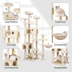 85inch Heavy Duty Cat Tree for Indoor Cats Large Adult, Tall Giant Cat Tower with Scratching Post, Large Perches, Cozy Cat Condos & Hanging Hammocks, Beige