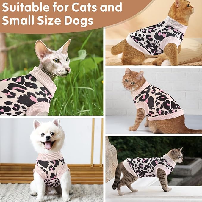 Idepet Cat Clothes Kitten Sweater Soft Kitten Shirt Cute Leopard Print Kitty Vest Pullover Pajamas Jumpsuit Cotton Apparel for Hairless Cats & Puppy (Pink,XL)