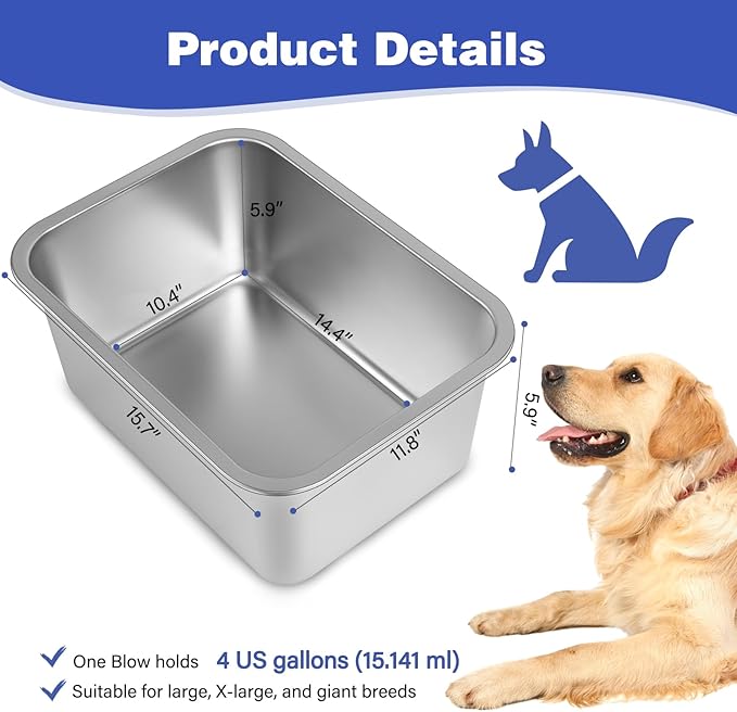 4 Gallons Extra Large Dog Water Bowl, Stainless Steel Metal Dog Bowls,Extra Large Capacity Pet Food Bowl Water Dish for Indoor and Outdoor Universal for Medium to Giant Dogs