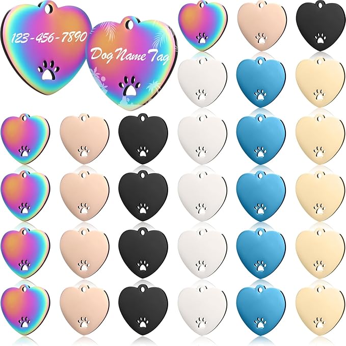 Hicarer 30 Pcs Stainless Steel Blank Pet ID Tags Personalized Dog Name Tag with Hollow Design Engraved on Both Sides Dog Cat Collar Name Accessories Regular Size DIY (Heart Shape)