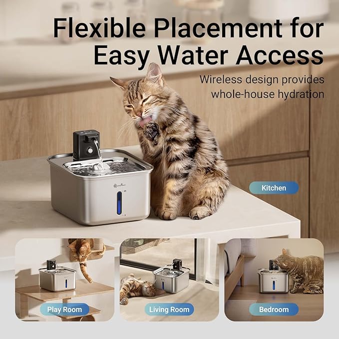 DownyPaws Cat Water Fountain Stainless Steel Wireless, 101 oz/3L FurSink Cordless Cat Water Dispenser for Pets, Battery Operated Dog Drinking Fountain with Motion Sensor, Easy Clean, Black