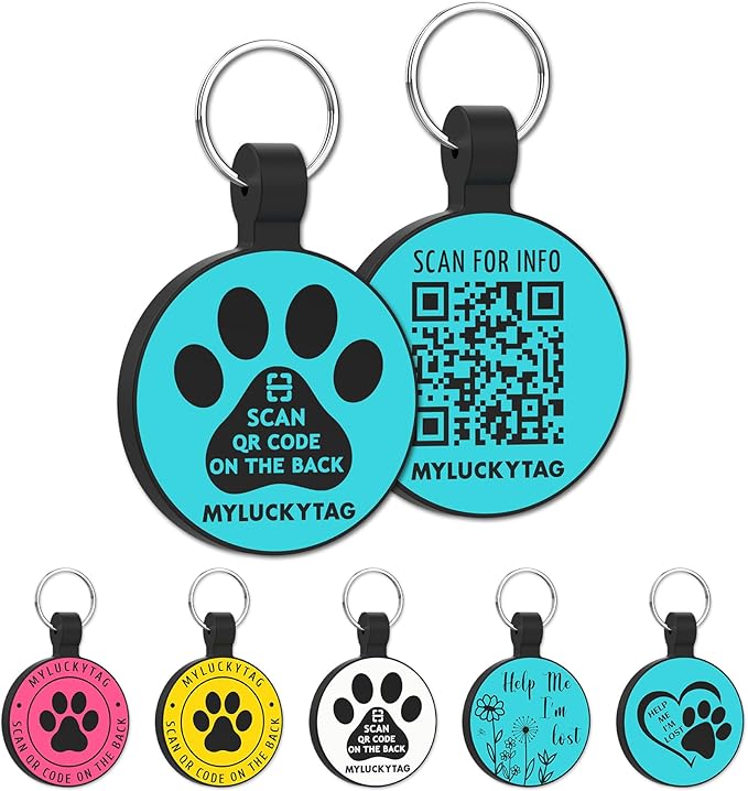 MYLUCKYTAG QR Code Dog Cat ID Tag - Durable, Digital, Quiet, Engraved - Online Pet Profile & Location Alert