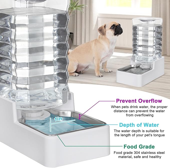 Sfozstra Dog Water Bowl Dispenser: 9L Lagre Automatic Gravity White Pet Water Dispenser - Stainless Steel Bowl - BPA-Free - Two Caps and Filters for Multiple Pets
