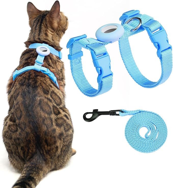 Cat Harness and Leash Set with Airtag Holder for Walking & Travelling, Escape Proof Cat Harness for Small Medium Large Kitten, Adjustable Lightweight Soft Cat Vests (Blue)