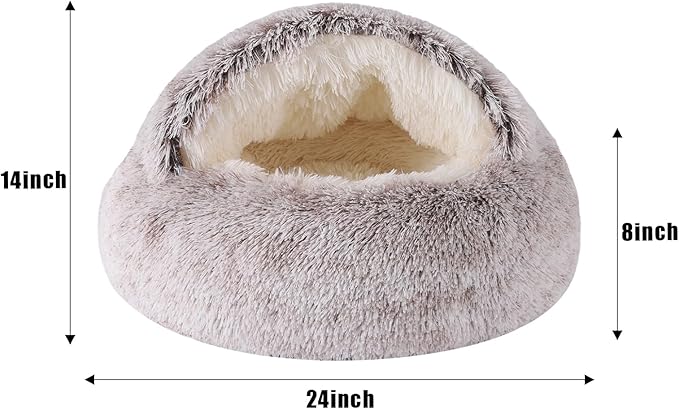 Round Hooded Cat Bed & Dog Bed with Cover Cave, Dog Bed for Small Dogs, Faux Fur Cuddler Round Coved Cat Bed Self Warming Donut Dog Bed Fits up to 22 lbs Pets(Coffee, 24inch x 24inch)