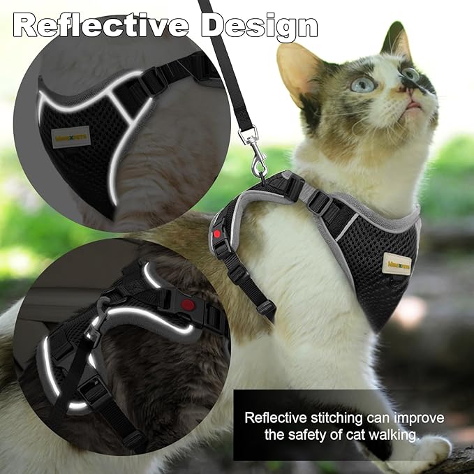 Cat Harness and Leash for Walking, Retractable Cat Harnesses and Leash Set Escape Proof, Breathable Soft Kitten Small Large Harness for Travel Training and Walking, Black, XS