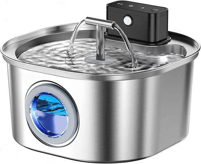 Voluas Stainless Steel Cat Water Fountain: 108oz/3.2L 3-Modes Pet Drinking Fountain Wireless Indoor Cordless Kitty Super-Silent Sensoring Fountain with Dual Water Outlet