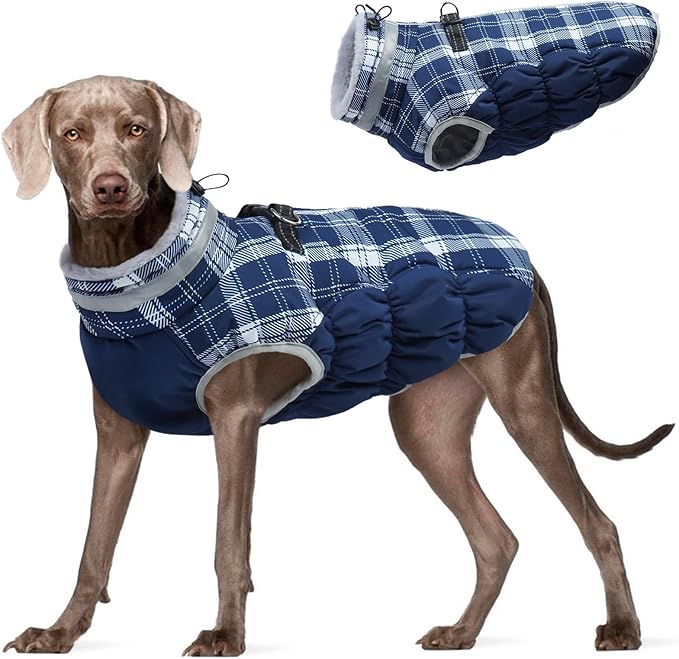 FUAMEY Dog Coat for Large Dogs,Waterproof Dog Winter Jacket with Harness Built in Puppy Cold Weather Coats Reflective Pet Vest with Zipper Warm Fleece Dogs Snowsuit Windproof Blue Plaid 3XL