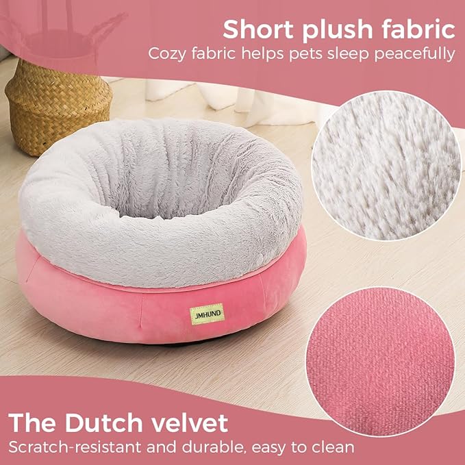 Cat Bed for Indoor Cats,Round Cat Bed for Small Pets,Washable Pet Bed with Non-Skid Bottom,Pet Bed for Puppy and Kitty,19 Inches,Pink