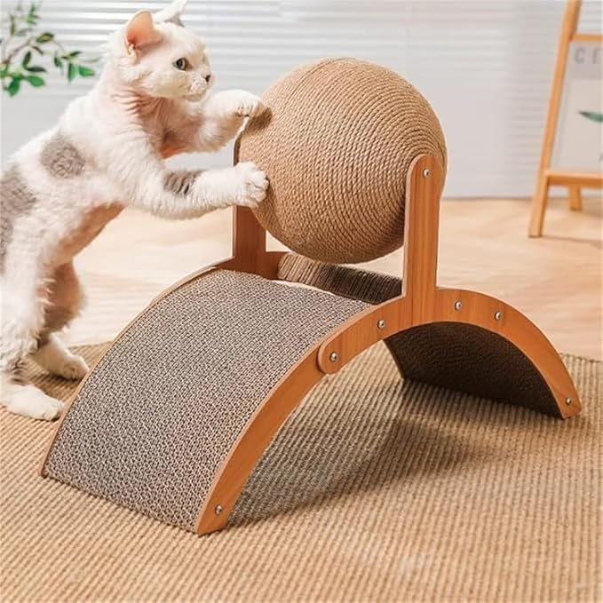 Sisal Cat Scratching Ball Toy, Interactive Cat Scratcher Board with Wooden Frame, Durable Scratch Toy for Indoor Cats, Wear-Resistant Ferris Wheel Design for Endless Fun! (Extra Small)