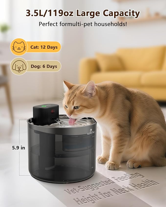 Pumpless Cat Water Fountain, Cordless Cat Fountain Battery Operated, 3.5L/119oz Pet Water Fountain with Stainless Steel Tray, Motion Sensor Cat & Dog Water Bowl Dispenser - with 3 Sets Filter