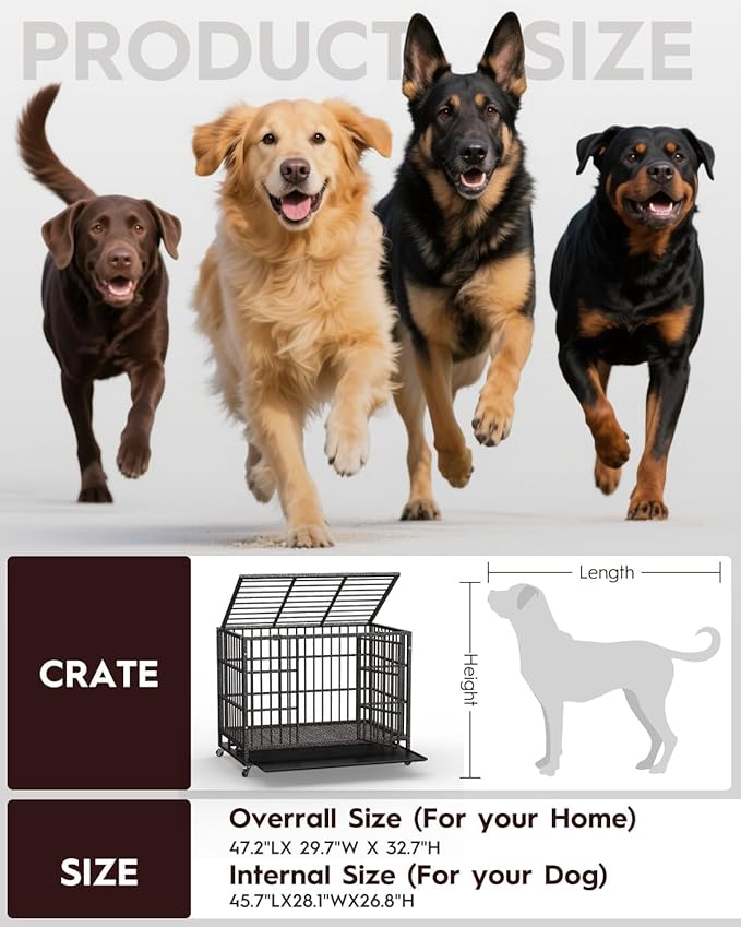 48In Heavy Duty Dog Crate, Indestructible Escape-Proof Kennel for Large Dogs, XL Dog Crates, Double Door, with Removable Tray and Wheels, Ideal for High-Anxiety Dogs