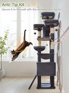 Taoqimiao 76-Inch Cat Tree with Scratching Posts,XXL Cat Tower for Large Cats with Cat Scratching Board,Extra-Large Metal Hammock,3 Perches, 2 Big Condos, Hanging Basket,MS047G,Smoke Gray