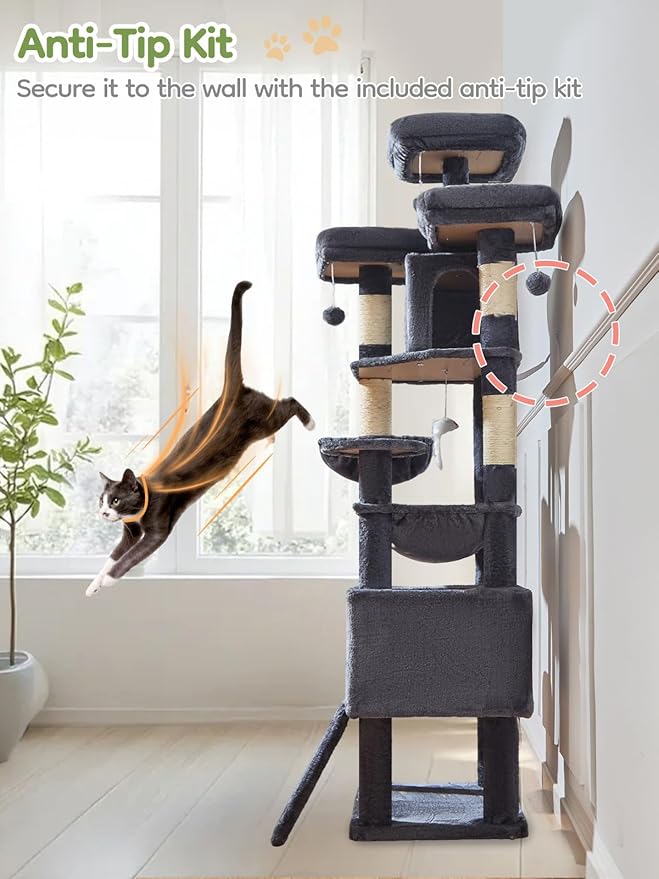 Taoqimiao 76-Inch Cat Tree with Scratching Posts,XXL Cat Tower for Large Cats with Cat Scratching Board,Extra-Large Metal Hammock,3 Perches, 2 Big Condos, Hanging Basket,MS047G,Smoke Gray