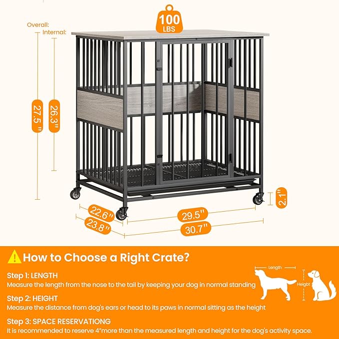Dog Crate Furniture for Small Dogs, 31 Inch Indoor Puppy Kennel, Wooden Pet Cage Decorative Corner End Table with Caster Wheels & Removable Tray, Greige