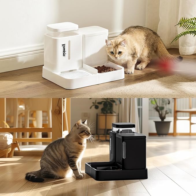 Gravity Cat Feeder and Water Dispenser, 2 in 1 Cat Self Feeder with 180 Degree Rotatable, 2 Pack Automatic Feeding Large Capacity for Small Medium Dog Puppy Kitten, White, 0.8 Gallon x 2