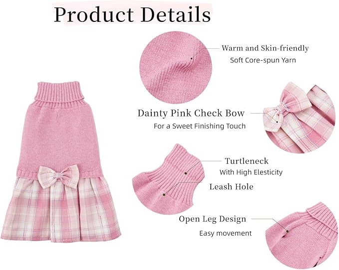 Lanyarco Pink Knitted Dog Sweater Dress, Plaid Dog Winter Clothes for Small Dogs Girl, Maltese Cat Apparel, X-Small (XS)