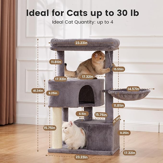 Gardner Pet 41" Tall Cat Tree for Large Cats, Heavy Duty Cat Tower with 3.2in Posts & Washable Top Perches, Space-Saving Cat Furniture with Replaceable Natural Sisal for Apartments, Easy to Assembly