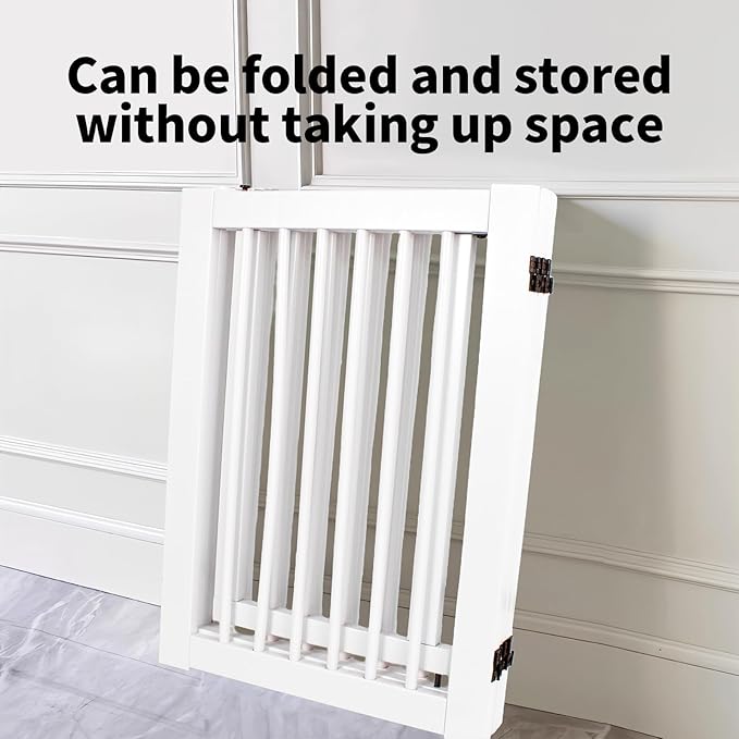 Wooden Freestanding Pet Gate, Pet Gate for Dogs, 29.5inch 4-Panel Wooden Dog Fence with 2 Support, Feet Folding Dog Gate for Indoor, Doorway, Stairs, Kitchen, 81.5“L×30”H (White)
