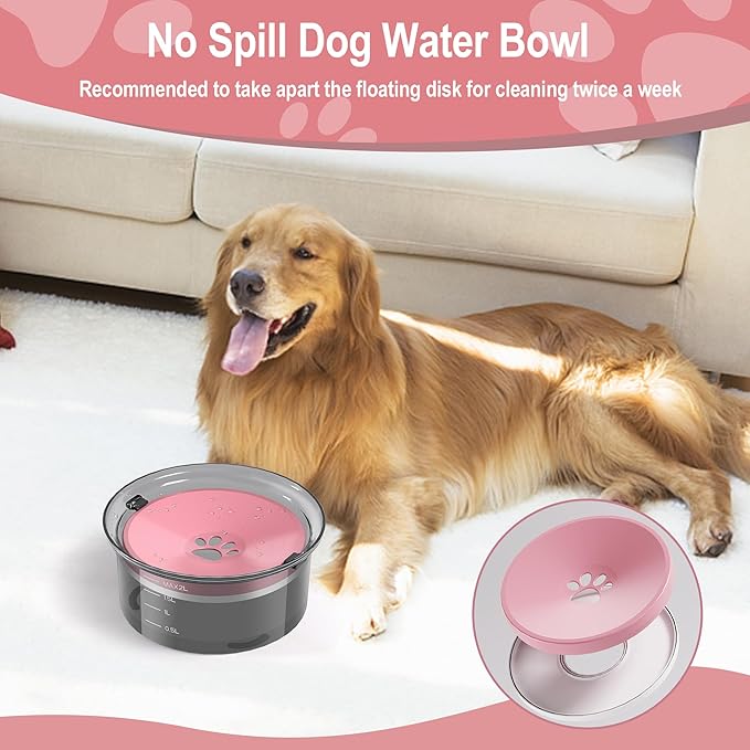 2L Dog Water Bowl Large Capacity Slow Water Feeder, No Spill Dog Bowl Splash Proof Pet Water Dispenser,Vehicle Carried Travel Water Floating Bowl for Dogs/Cats/Pets (Pink)