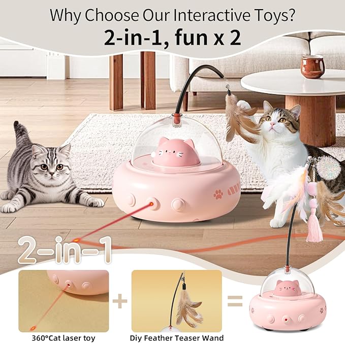 Laser Cat Toys for Indoor Cats, 2 in1 Interactive Cat Toys Laser and Feather Cat Wand Rechargeable Automatic Cat Laser Toy, for Bored Indoor Adult Cats/Kittens (Pink)