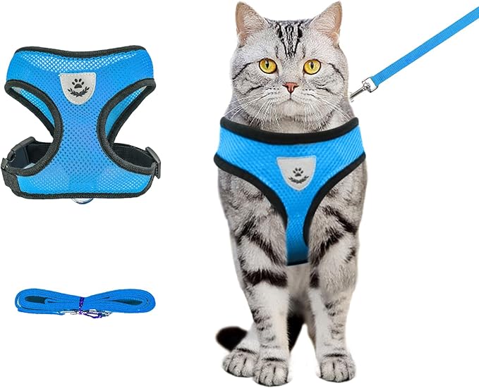 Shudyear Cat Harness and Leash, Adjustable Soft Mesh, Anti-Escape, Reflective Design, Size M, Sky Blue