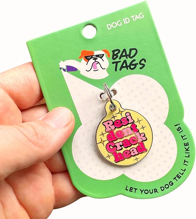 Personalized QR Code Dog Tags - Choose from 25+ Tag Designs - QR Code Links to Your Profile - Unique, Cute, Funny, Sassy Pet ID Tag (Resident Crackhead, Large (1.25 inch))