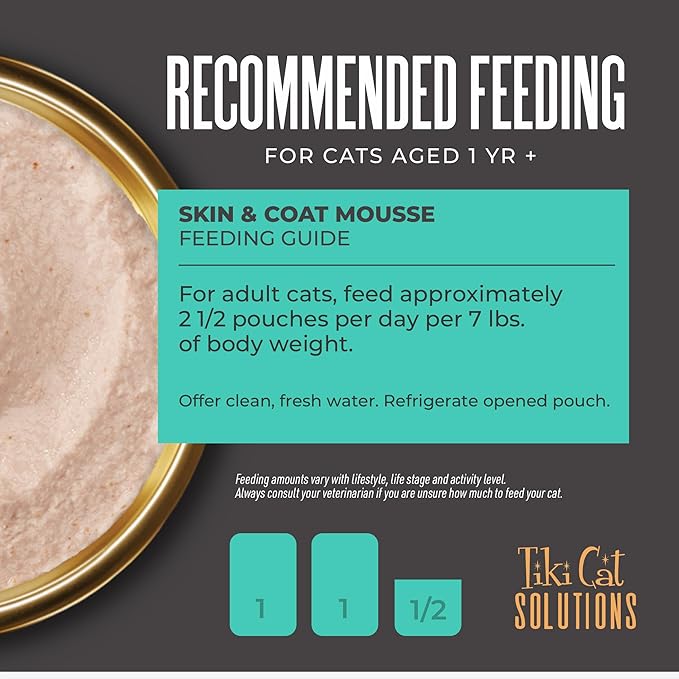Tiki Cat Solutions Mousse Skin & Coat Mousse, Salmon Recipe, Specially Formulated with Omega Fatty Acids, Functional Wet Cat Food for Adult Cats, 2.4 oz. Pouch (12 Count)