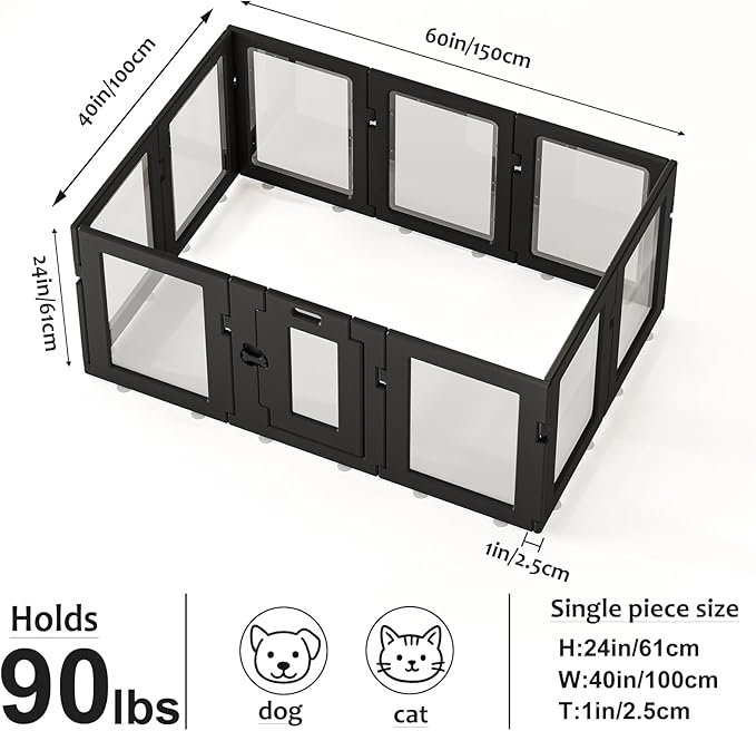 Clear Acrylic Dog Playpen with Door, Puppy Playpen for Indoor Use with Heavy Duty Door Lock, Easy Assemble Pet Pen Fence for Small Dogs and Puppies (Black, 24 in-H, 10 Panel)