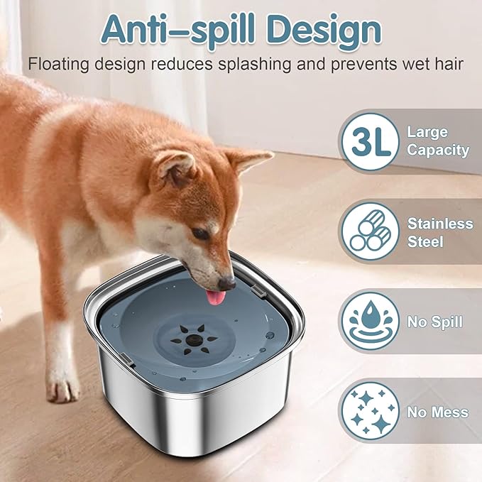 UPSKY 3L Dog Water Bowl 101oz Stainless Steel No Spill Large Capacity Dog Food Water Bowl Slow Water Feeder, Spill Proof Pet Water Dispenser Vehicle Carried Travel Water Bowls