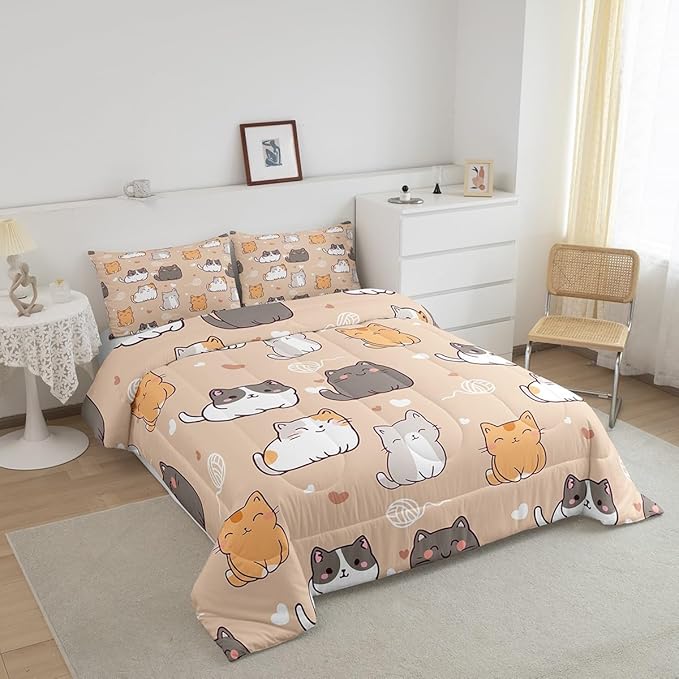 Erosebridal Cute Kitten Comforter Set Kawaii Cat Bedding Set King, Lovely Pet Bedding Sets & Collections Red Love Print Down Comforter, Animal Themed Bed Set Kids Room Decor 3pcs with 2 Pillowcases