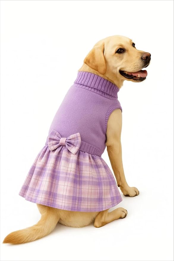 Purple Knitted Dog Sweater Dress, Cute Pink Plaid Dog Sweaters for Small Dogs Girl, Maltese Cat Apparel, Small (S)