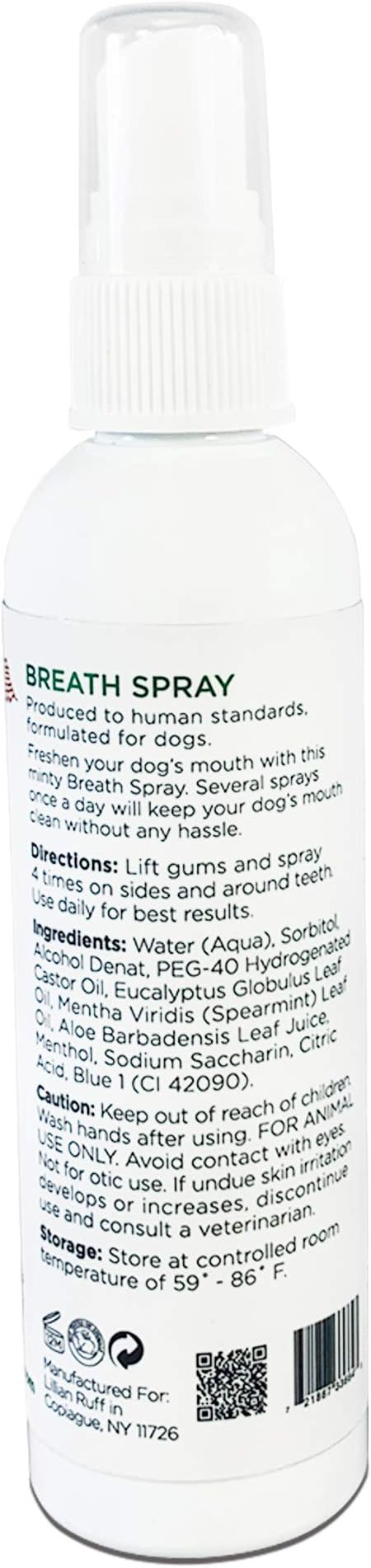 Lillian Ruff Dog Breath Freshener Dental Care Spray - Dog Oral Health Teeth Cleaning Formula Targets Bad Dog Breath, Plaque & Tartar Build-Up, Supports Oral Care, Gum Health & Immune System (4oz)