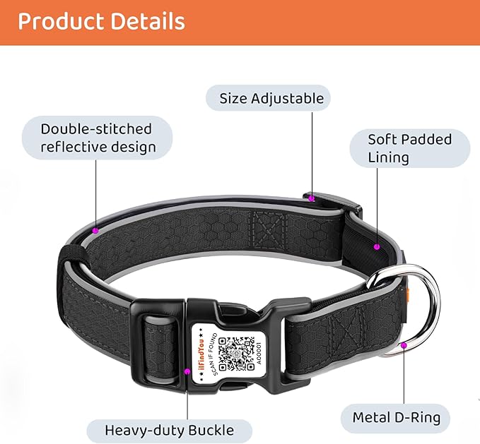 Personalized Dog Collar with QR Code tag for pet ID, Reflective Safety Collar, Suitable for Small, Medium, and Large Dogs (Black, Large)